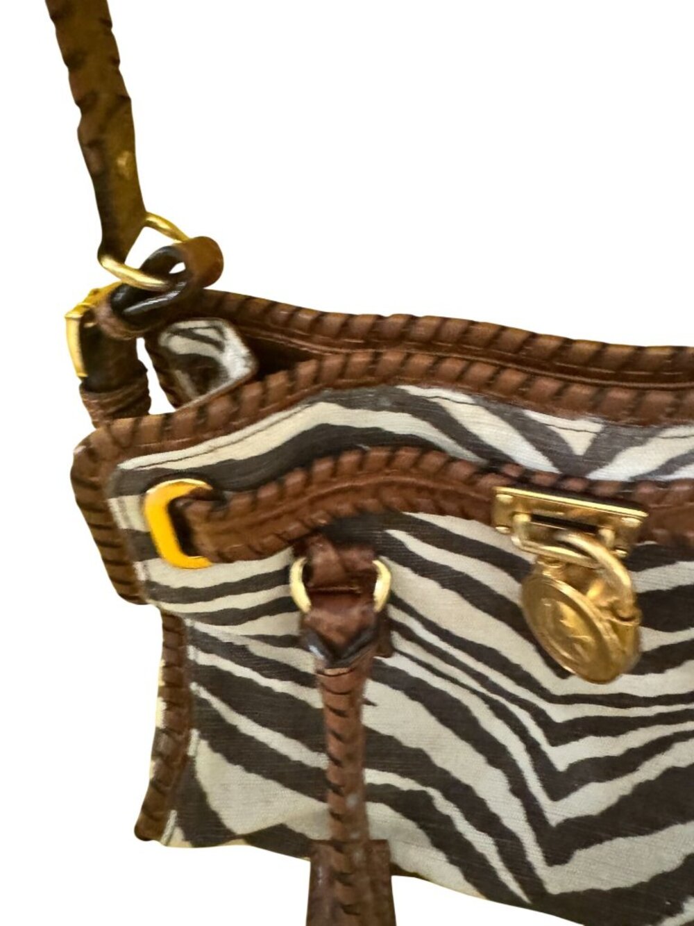 Michael Kors Hamilton Whipped Zebra Canvas Satchel Brown Leather Shoulder Bag - Picture 13 of 13